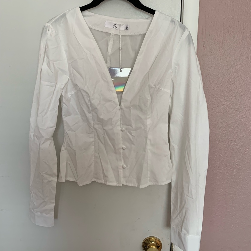 V neck white button up feminine cut